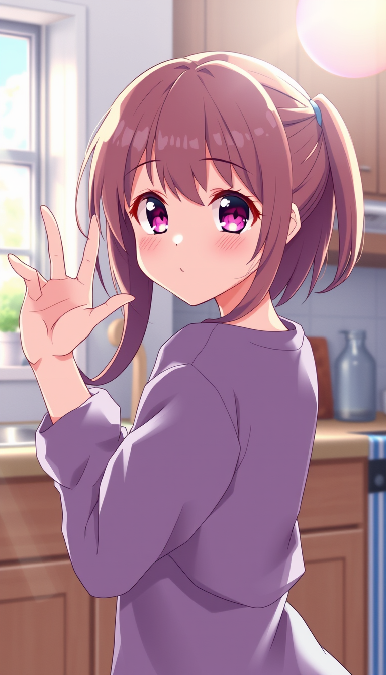 Anime idea: anime style, vibrant colors, expressive eyes, The girl gently smiles, gives a small friendly wave to the camera, then turns toward the kitchen counter