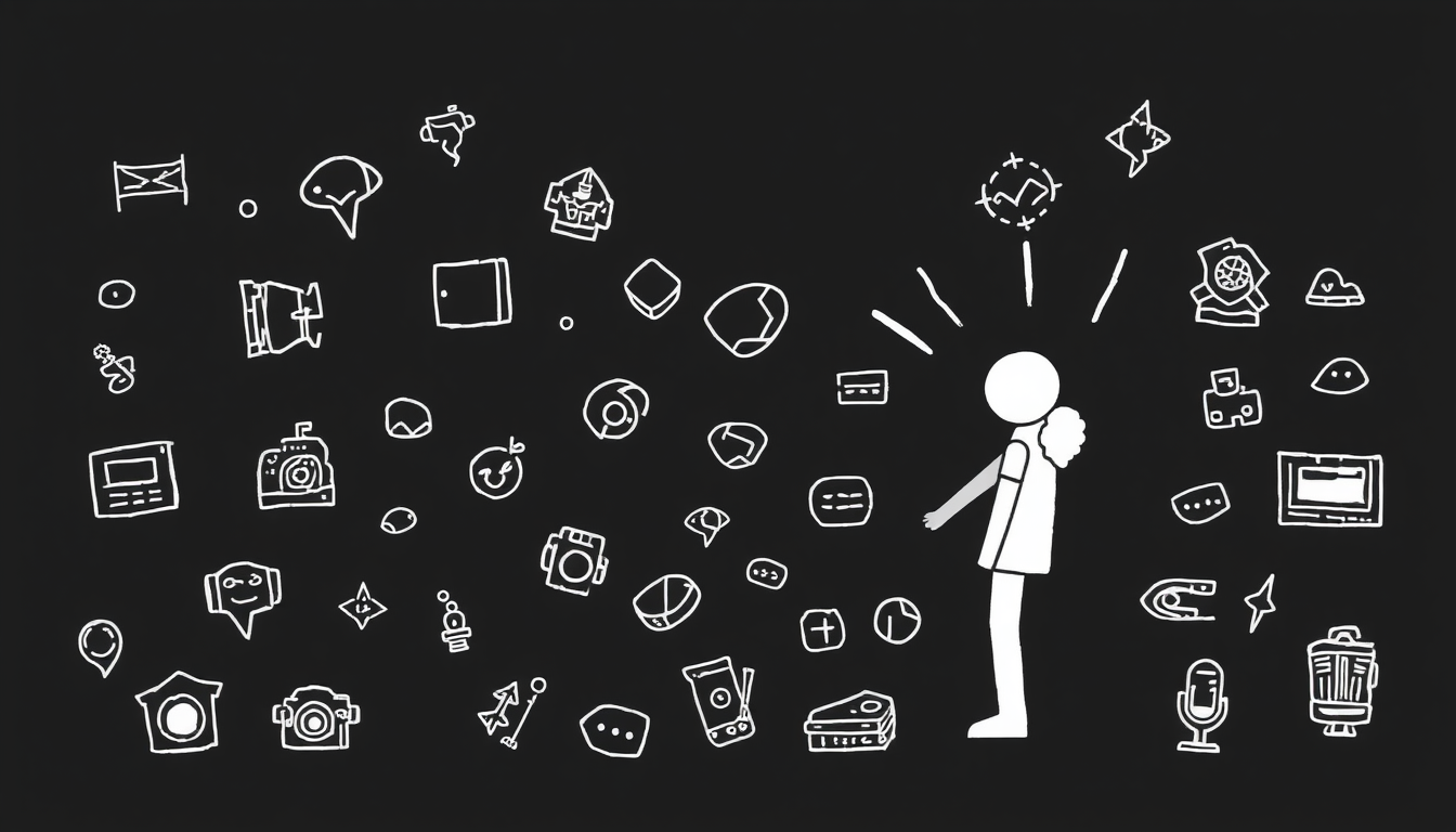Doodle idea created from the prompt: casual hand-drawn line art built from simple icons, repeated marks, and playful spacing, deliberate composition, doodle of AI and human rela