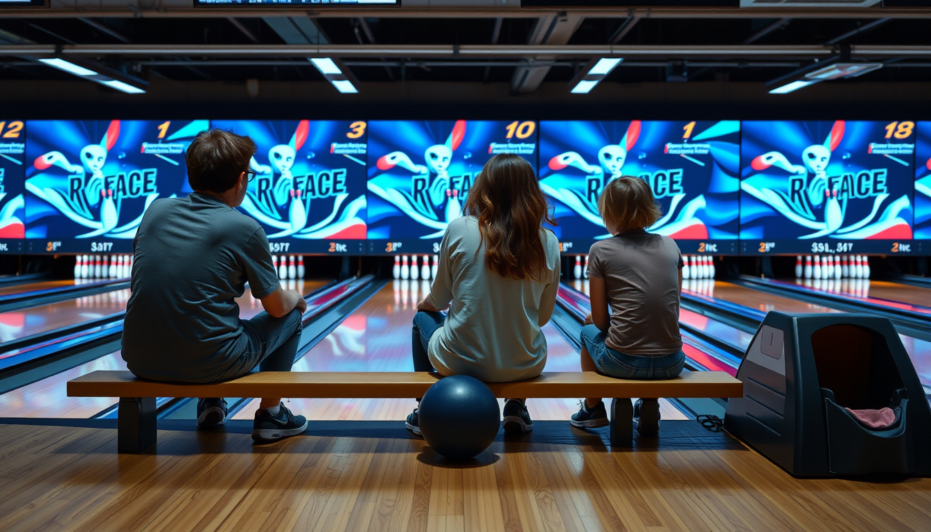 Main art studio: bowling spielen 1 erwachsener ein 17 und 18 jähriger und einmal ich 12 und ca 1,50 groß die drei sitzen grad auf dieser bank beim bowling mit zwei bie
