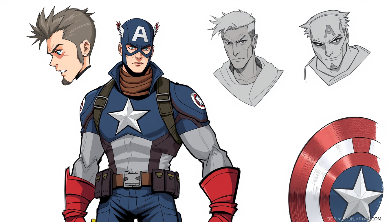 Characters idea: original character design, detailed outfit and accessories, expressive personality, captain america , character concept art illustration
