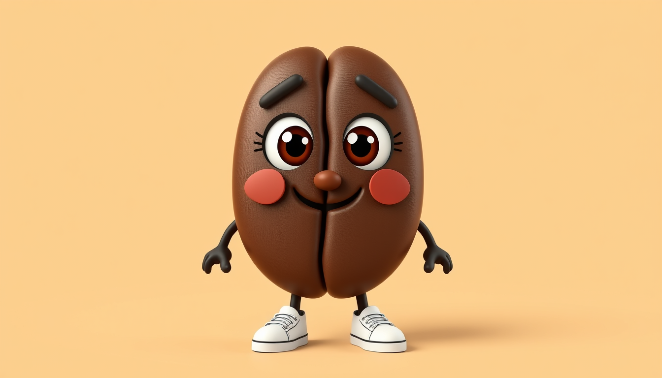 AI Art prompt example created from the prompt: A single cute 3D cartoon roasted coffee bean mascot. Its body is shaped exactly like ONE real coffee bean: an asymmetrical oval with rounded