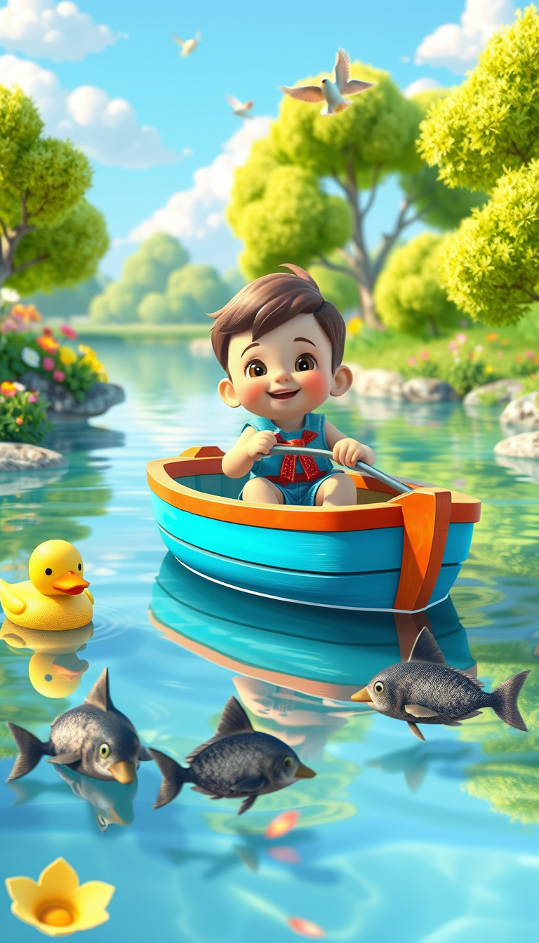 Main art studio: A cute, cheerful young child sitting safely inside a small colorful wooden boat, gently floating along a calm, sparkling river. A few cute ducks swim