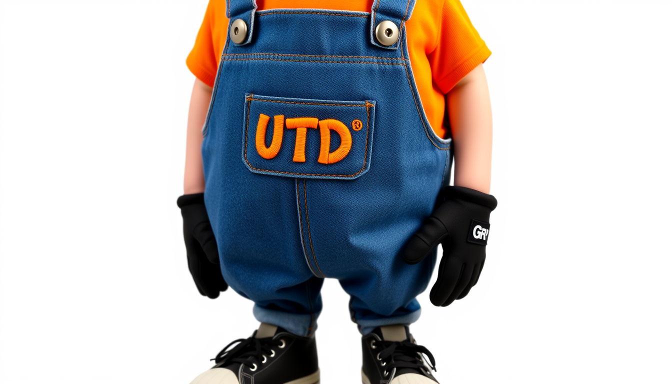 Main art studio: Denim Overalls: Classic Minion denim overalls, but the chest front features a bold orange UTD "Whoosh" logo embroidered on the front pocket instead of
