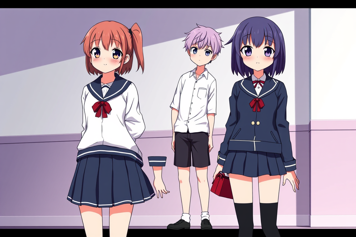 Anime idea: anime style, vibrant colors, expressive eyes, Full-body Demon Slayer anime art of Kanae and Shinobu in school uniforms, head to toe with shoes visible