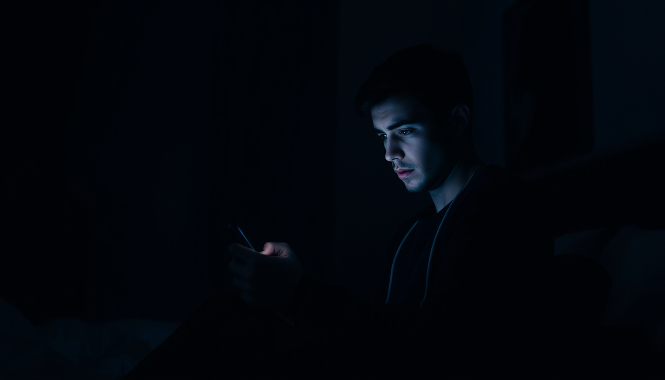 Main art studio: Ultra-realistic cinematic psychological scene, adult young man sitting alone in a dark bedroom at night, staring anxiously at a smartphone waiting for