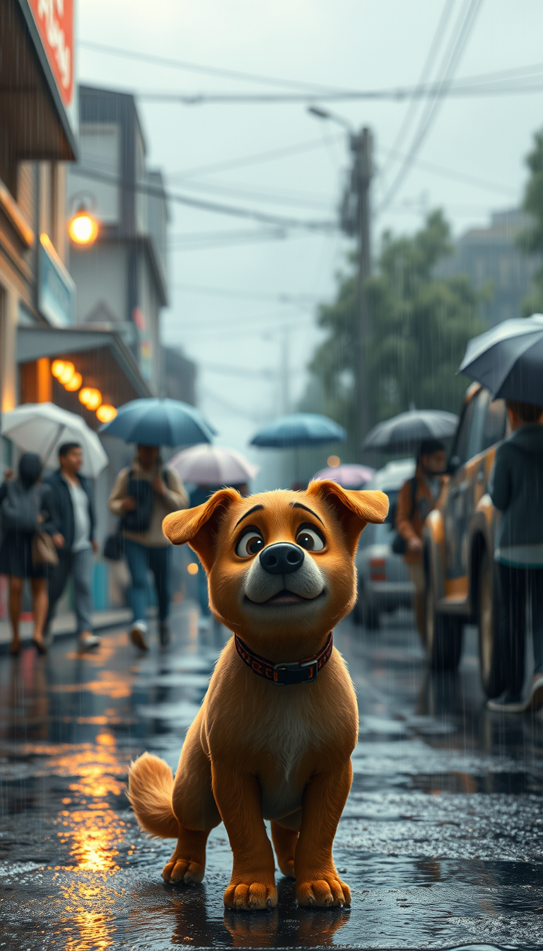 Main art studio: Everyone Runs AwayImage Prompt:The same frightened golden-brown stray dog left completely alone as heavy rain begins, people running toward houses and