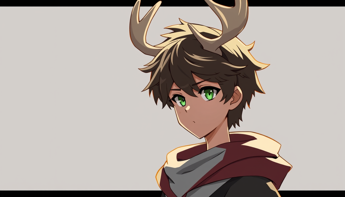 Characters idea: an original character defined by silhouette, role, outfit, palette, and expression, deliberate composition, A boy short brown hair dark green eyes mak