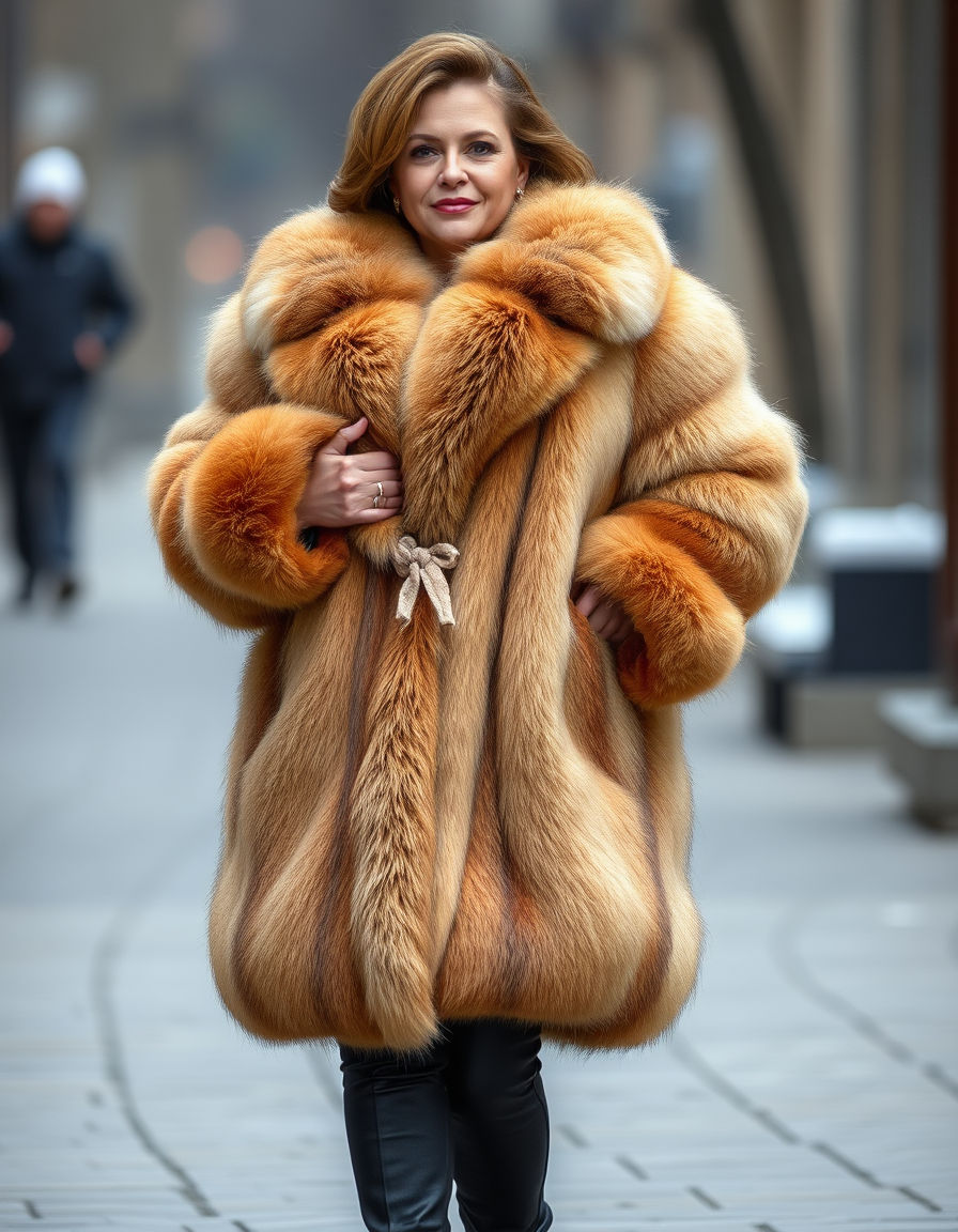 Main art studio: middle age woman with curvy full figured plus-size body, wearing a big full-length luxurious fox fur coat