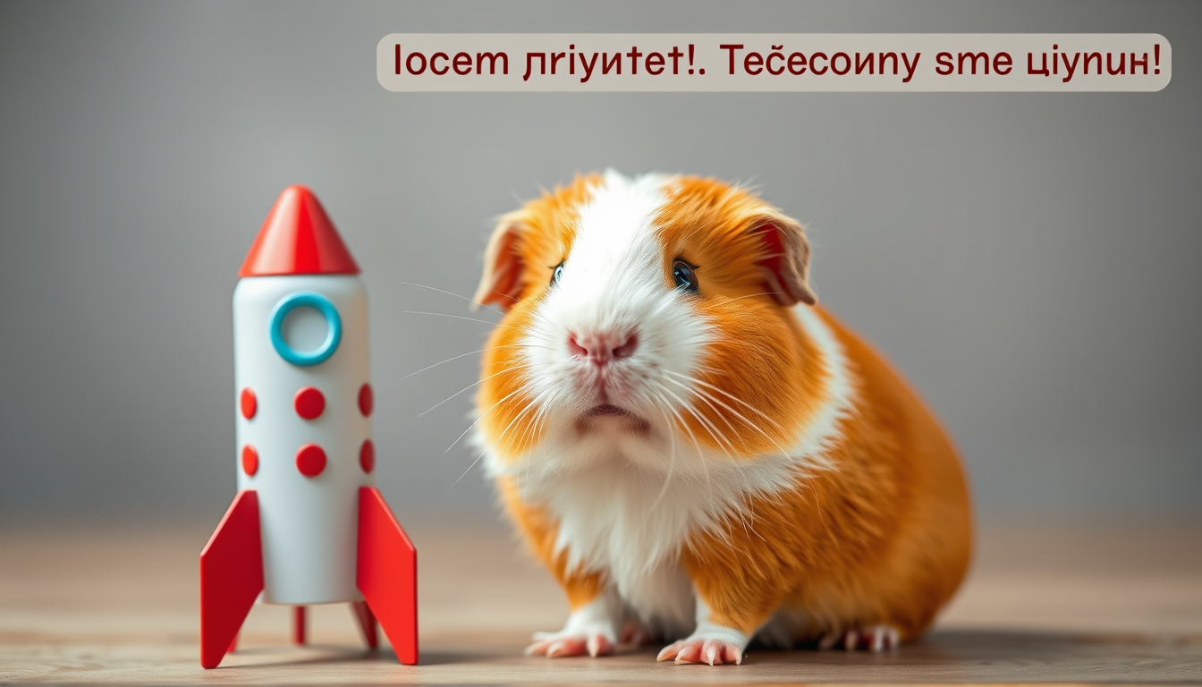 Main art studio: Cute orange-and-white guinea pig Zhorik stands next to a small colorful rocket, looks directly at the camera and says in Russian: “Всем привет! Сегодн