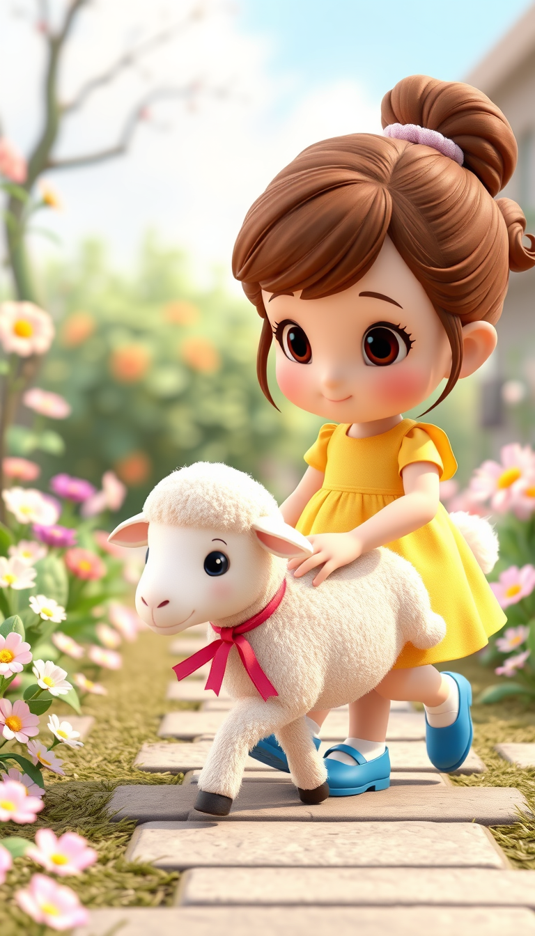 Main art studio: Cute little girl with brown hair, wearing a yellow dress and blue shoes, with a fluffy white lamb with a pink ribbon around its neck, The girl gently
