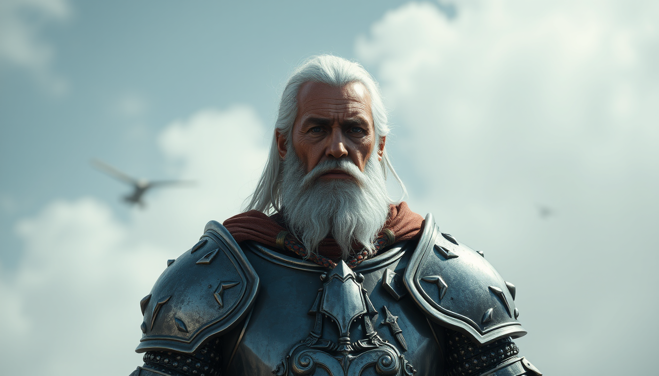 Main art studio: An older knight with white hair amd beard name Jeff on armor