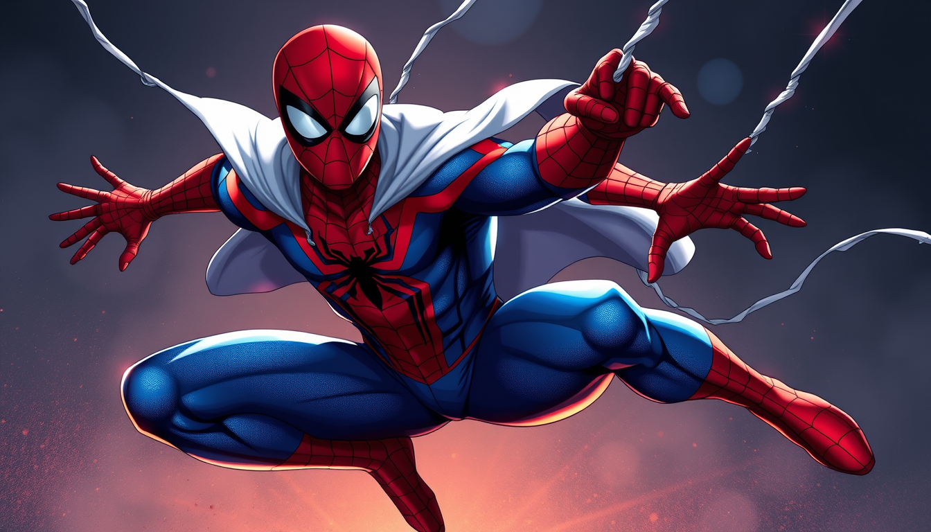 Superhero idea created from the prompt: original superhero character design, dynamic pose, bold costume, dramatic lighting, comic art energy, Spiderman se balançant avec sur lui un
