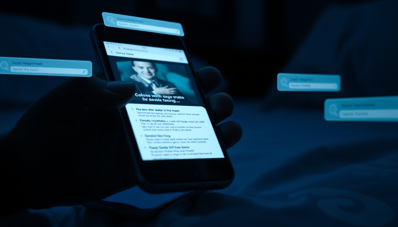 Main art studio: Close-up of a smartphone in a dark bedroom with a person searching online about seeing a snake in a dream, screen content intentionally blurred and un