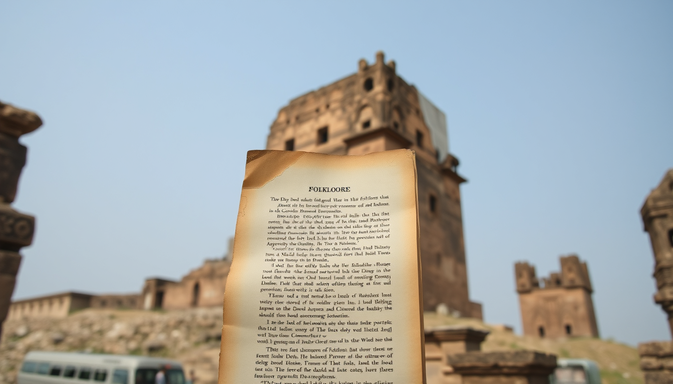 Main art studio: An ancient Bhangarh Fort ruin photographed in clear daylight, with an old folklore manuscript in the foreground and weathered stone architecture behin