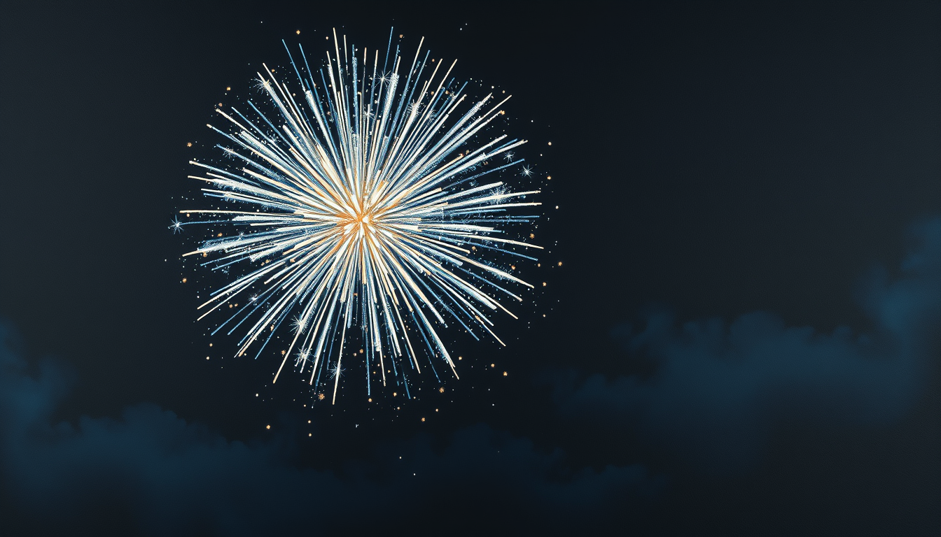AI Art prompt example created from the prompt: A single massive firework exploding on the right side of a dark midnight-blue sky, matching a premium fine-art wallpaper. Brilliant ice-blue