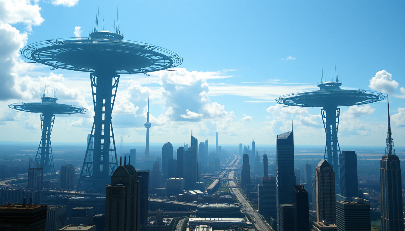Main art studio: Towering above the skyline were colossal black structures that had appeared without warning twenty years ago.