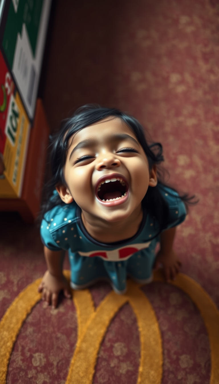 Main art studio: little indian girl standing on mcdonalds carpet with mouth open wide and head tilted back and eyes closed, angle from above girl