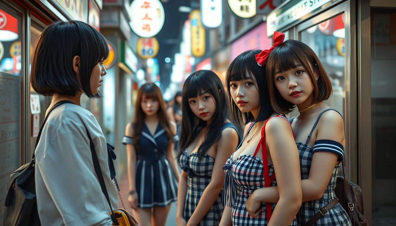 Realistic Images idea: photorealistic generated image, natural materials and skin texture, physically plausible lighting, the famous street in tokyo where girls line up dres