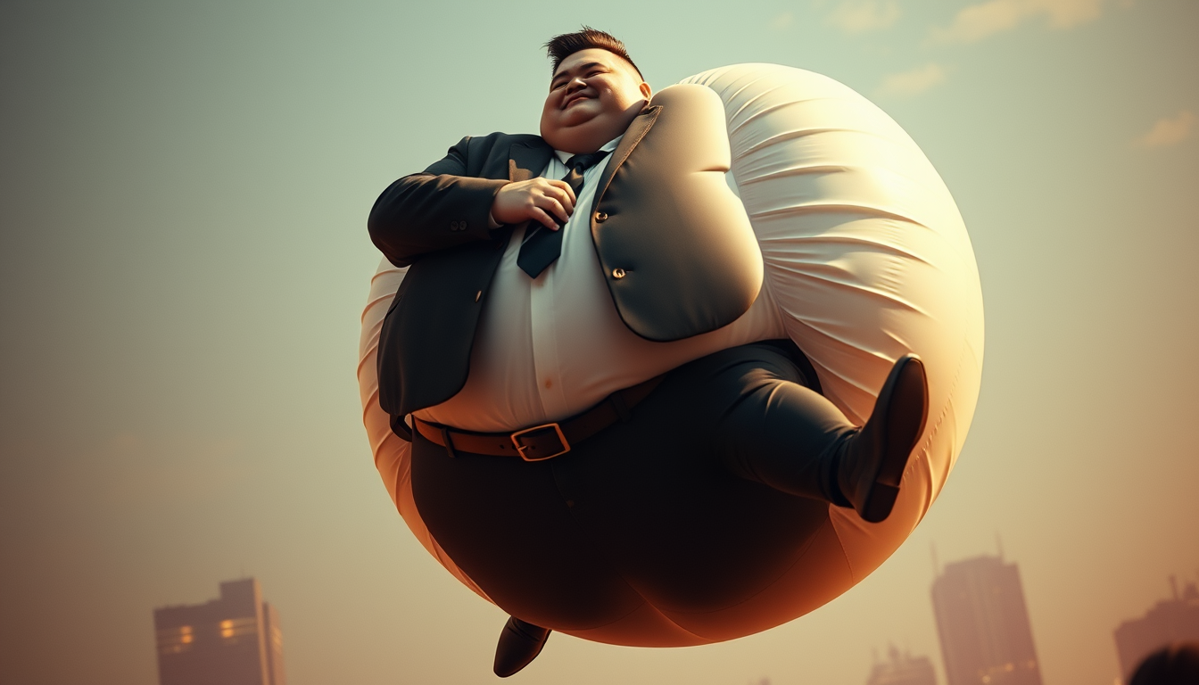 Main art studio: A perfectly ball-shaped, overstuffed wth helium inside and overinflated extremely obese mature nghtclub bouncer, very handsome, floating horzntally (b