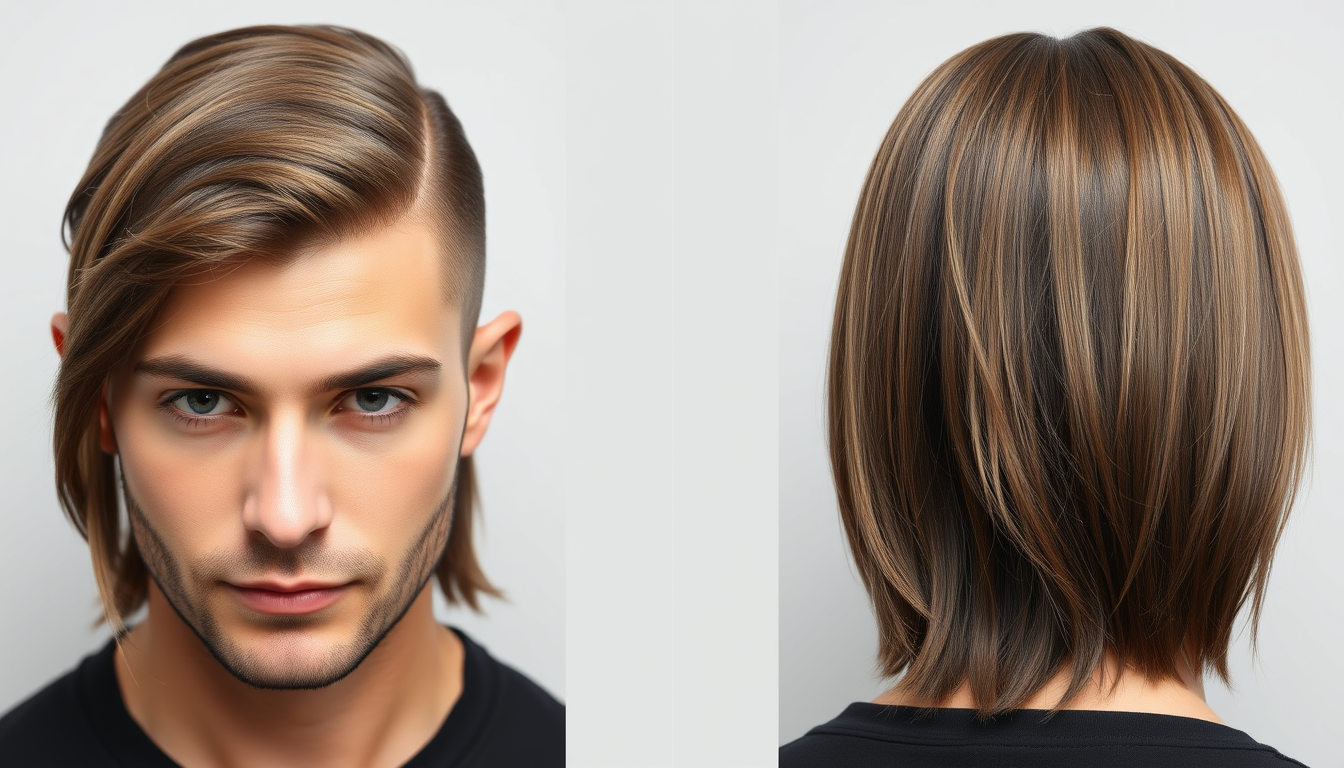 Main art studio: Create a photorealistic men’s hairstyle with a perfectly straight, fully visible middle part running from the very front hairline all the way to the b