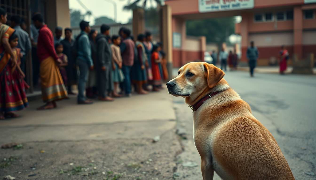 Main art studio: Cinematic photorealistic vertical 9:16. Same Bruno from previous scenes, a golden-brown street dog with a white chest patch and red collar, sitting al