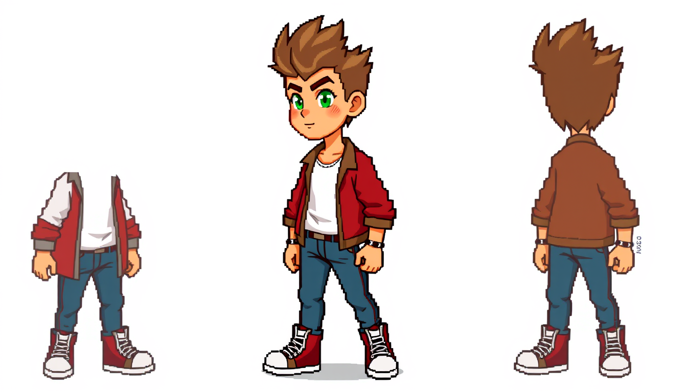 Main art studio: I want a pixelated character sheet the character is a boy with brown shirt spike hair tan skin emerald eyes also red red jacket with a white t shirt u