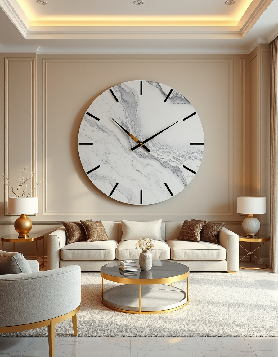 Main art studio: Photorealistic luxury living room with a beautiful handmade round epoxy resin wall clock. The clock has an elegant white and gray marble pattern with