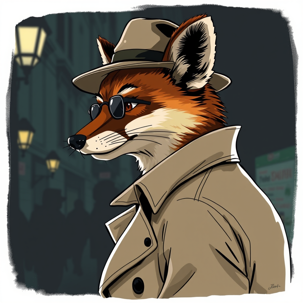 Main art studio: Image de profil. Style dessin. Renard roux au pelage soigné, portant un trench-coat beige et un chapeau feutre incliné. Regard perçant, sourire en coi