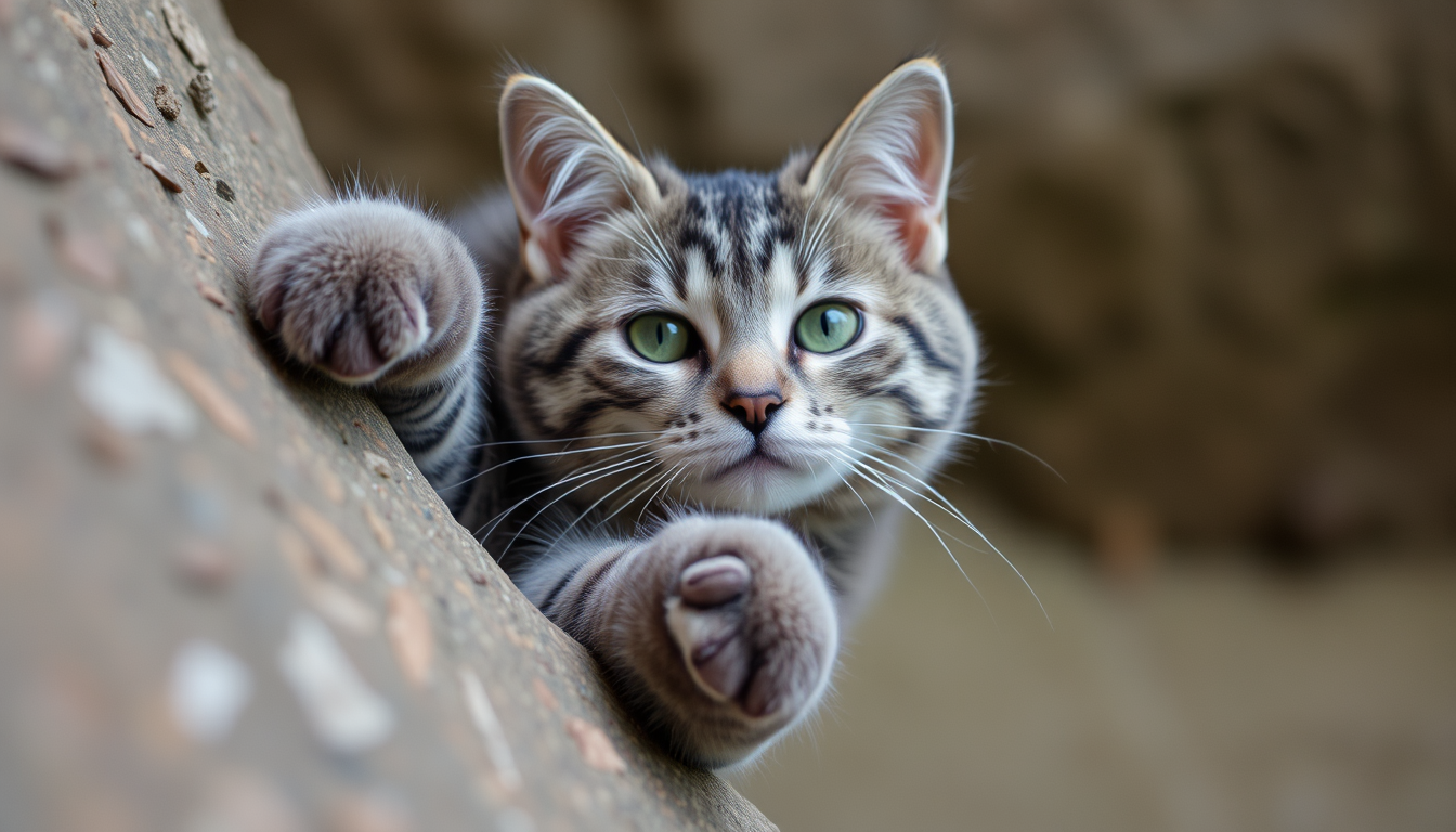 Main art studio: Graue Katze fällt fast von einer hohen Klippe nach unten. Sie hält sich nur noch mit 2 Pfoten fest