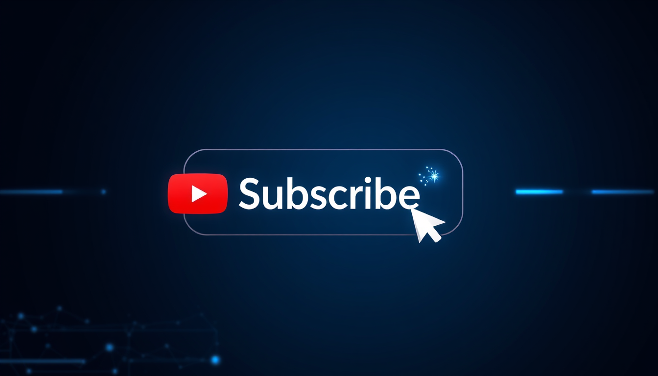 Main art studio: Create a professional 16:9 YouTube end screen for a modern technology and artificial intelligence channel. Use a clean, sleek, dark navy blue backgrou