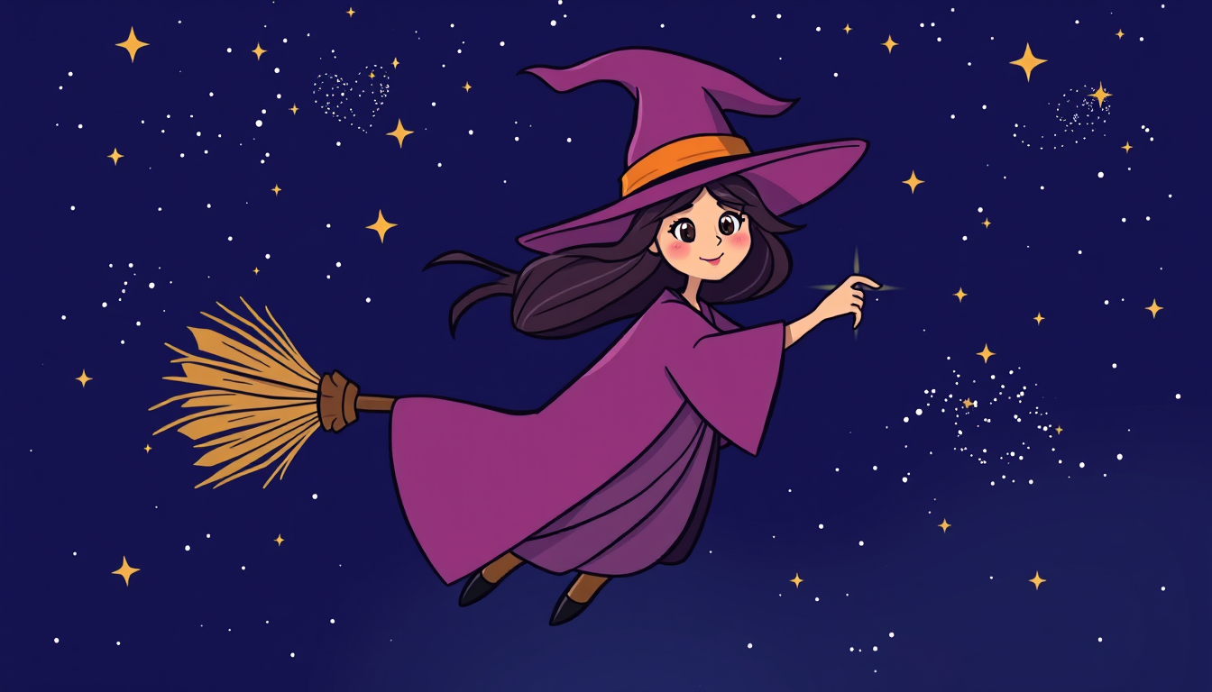 Photo To Cartoon idea: cartoon style portrait from the photo, bold outlines, flat shading, playful proportions, witch flying through a starry night sky, flowing robes, magic