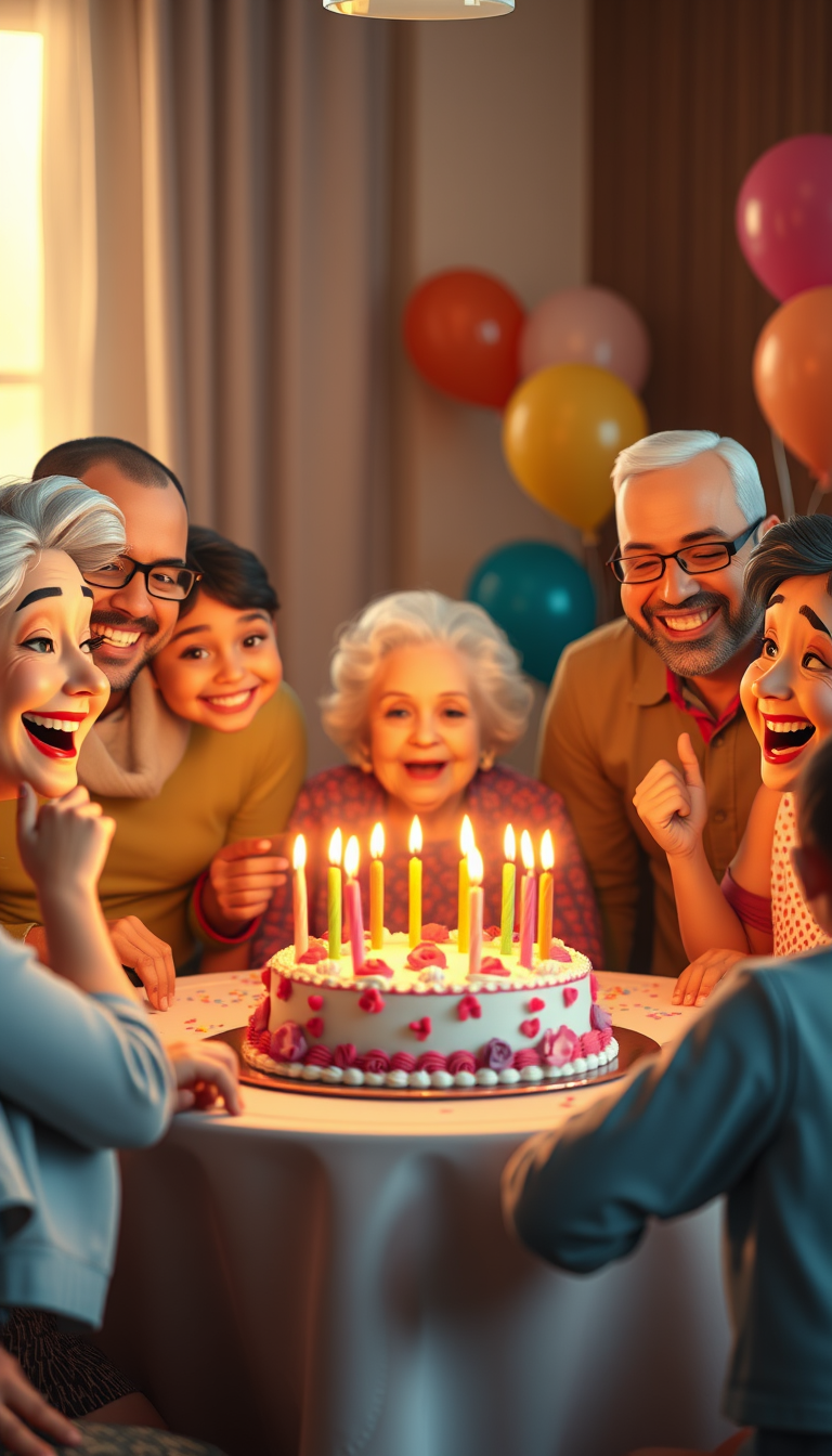 Main art studio: Birthday CelebrationWritingA joyful American family celebrating their elderly grandmother's birthday together around a beautifully decorated table, bi