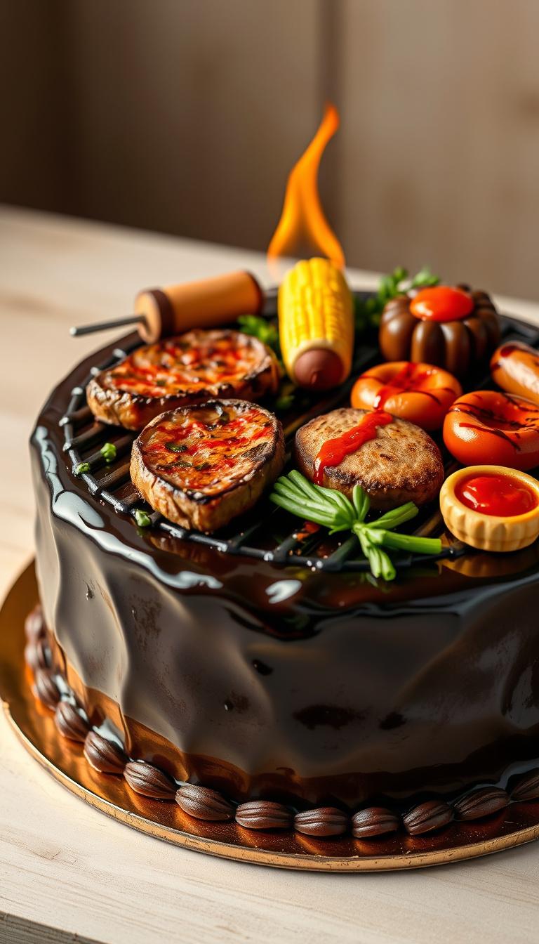 Main art studio: Ultra-realistic barbecue-themed cake, designed to look like a miniature backyard BBQ grill. A round cake covered in dark glossy chocolate frosting, de
