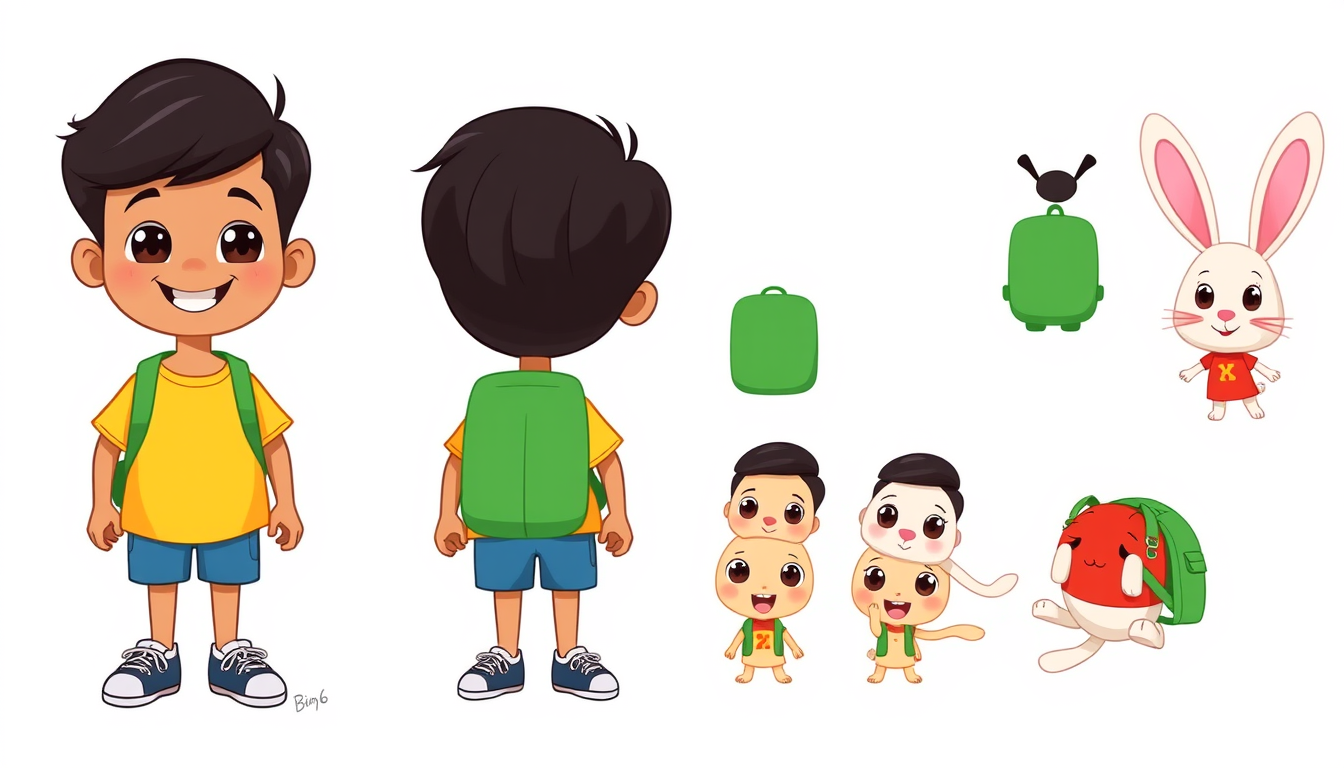 AI Art prompt example created from the prompt: Character reference sheet for a 2D children's educational cartoon. Bimo: cheerful Indonesian boy, age 6, short black hair, round friendly fa