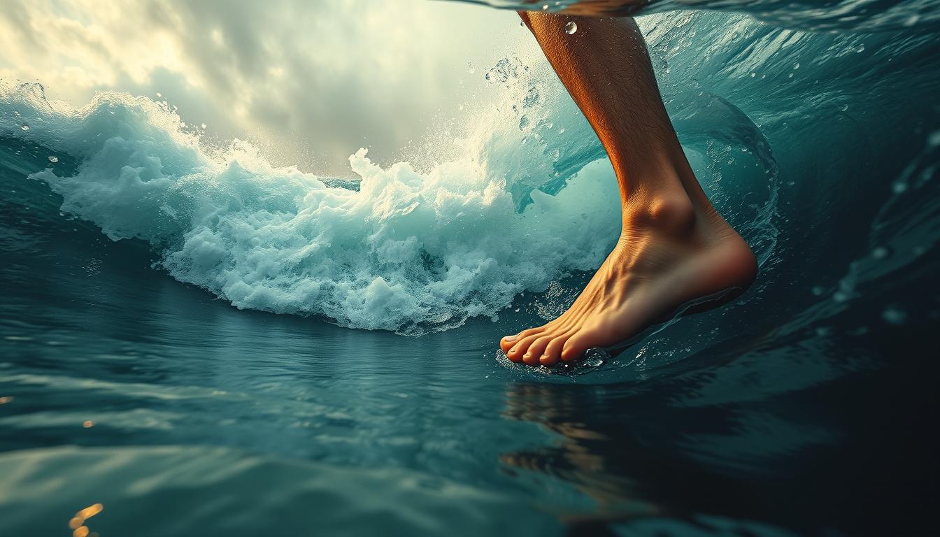 Main art studio: Half-submerged camera at the waterline during a violent storm. Jesus is walking on the ocean, viewed only from the knees down. Both feet rest naturall