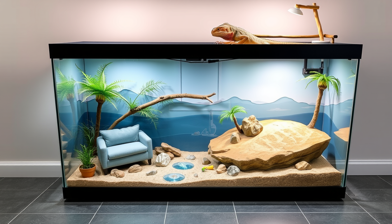 AI Art prompt example created from the prompt: Realistic 120×60×60cm bearded dragon enclosure, built against a wall. Two levels, clean and spacious. Slate tile flooring. Lower floor has s