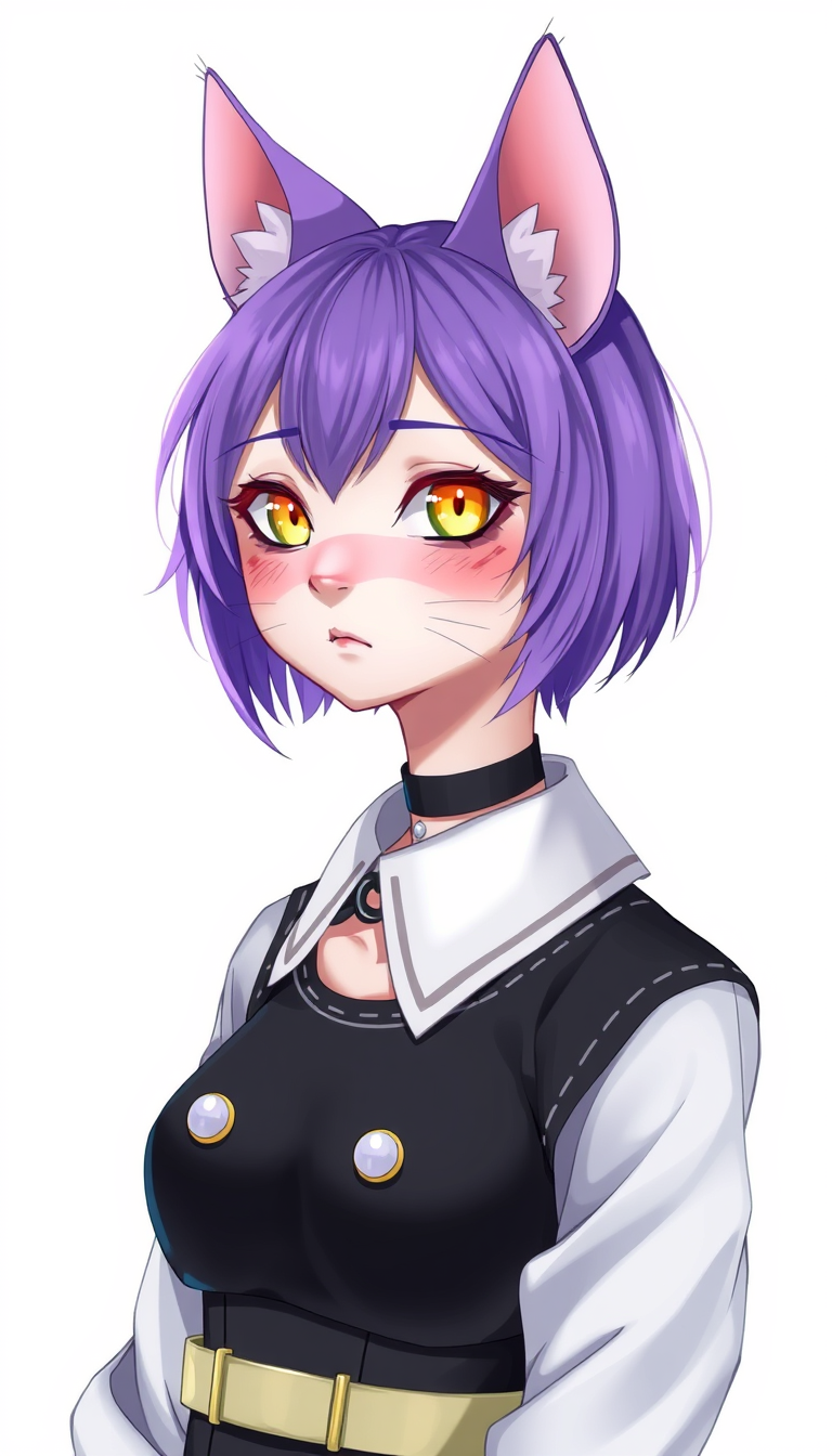 AI Art prompt example created from the prompt: A cat-like human femboy with purple hair, yellow eyes, a collar, clear skin, freckles, cat ears and a femboy black white and purple femboy o