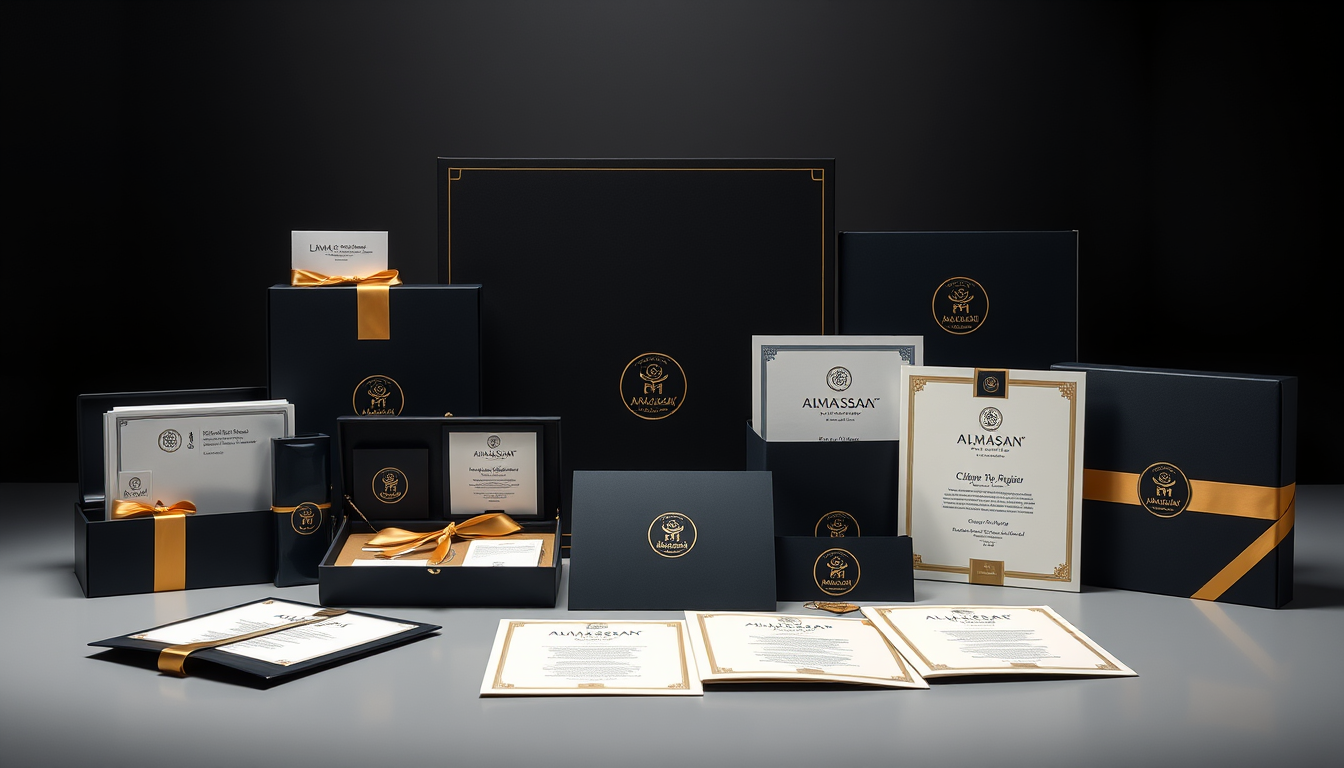 Main art studio: Create a premium educational package catalog visual for “Almas Khorasan”. Show a collection of luxury training packages, arranged like a high-end acad