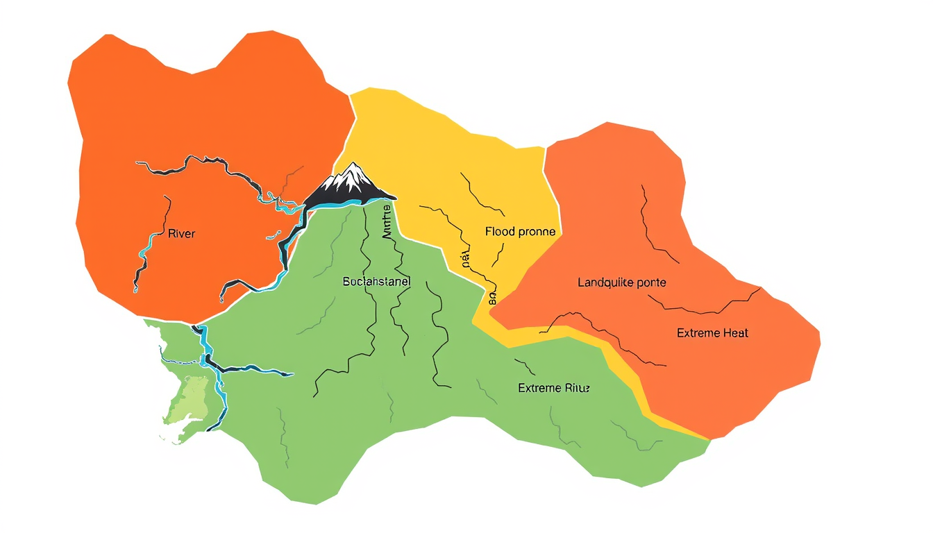 Main art studio: Create a clean academic disaster risk map showing a region divided into areas with different hazards: a flood-prone river area, a mountainous landslid