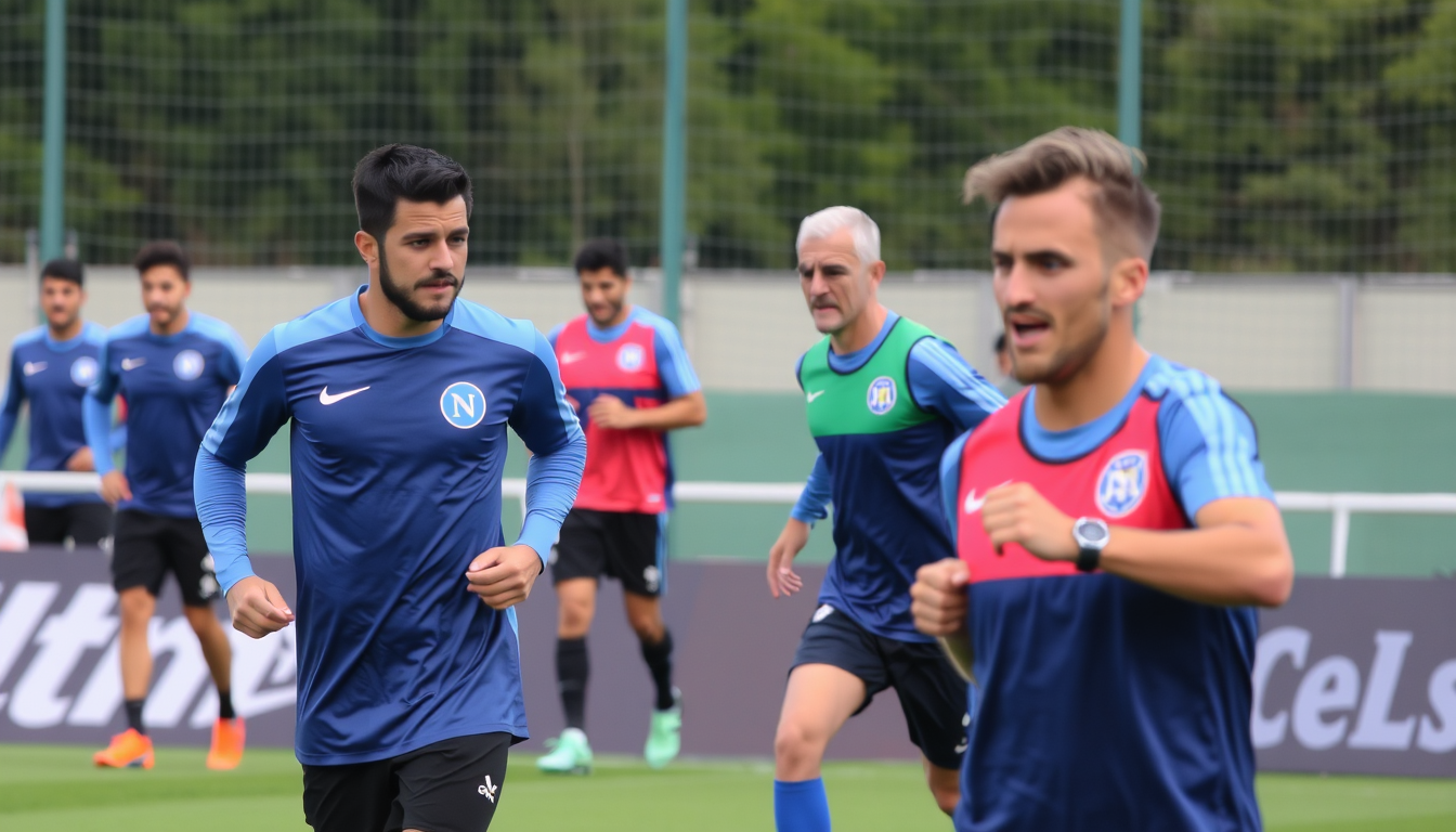 Main art studio: Generates an image of several players training on a football pitch, with three players in the foreground: Giovanni Di Lorenzo, Napoli player, Frattesi