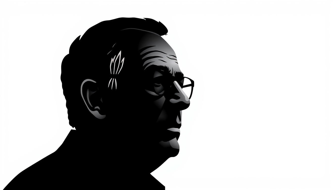 Main art studio: A simple, highly recognisable black silhouette of Václav Havel, Czech playwright and former president of Czechoslovakia. Head and shoulders only, dist