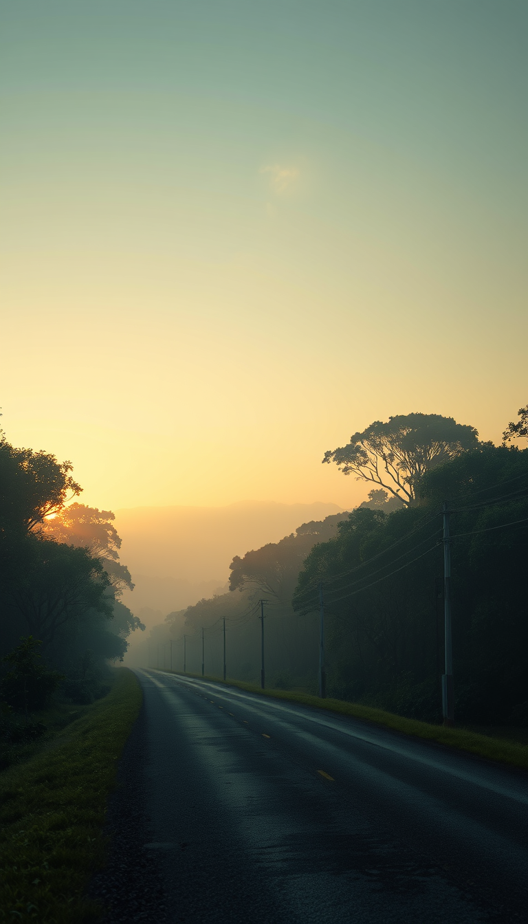 AI Art prompt example created from the prompt: Estrada em uma floresta gigantesca ao amanhecer, neblina baixa, raios dourados entre as árvores e um carro preto de luxo coberto de orvalho.