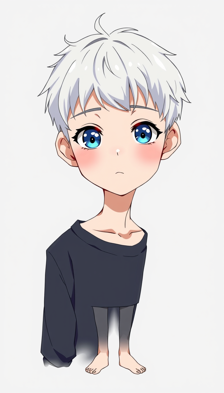 Anime idea: anime style, vibrant colors, expressive eyes, Anime-style full-body character of a young male teenager. Small, slender body, pale fair skin, narrow sh