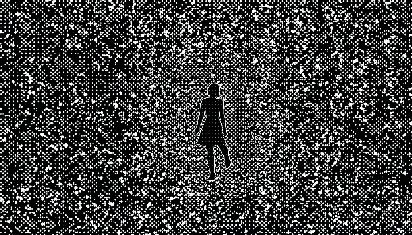 Main art studio: “Abstract pointillist artwork made entirely from thousands of tiny dots, with a barely perceptible adult feminine silhouette hidden within the dot pat