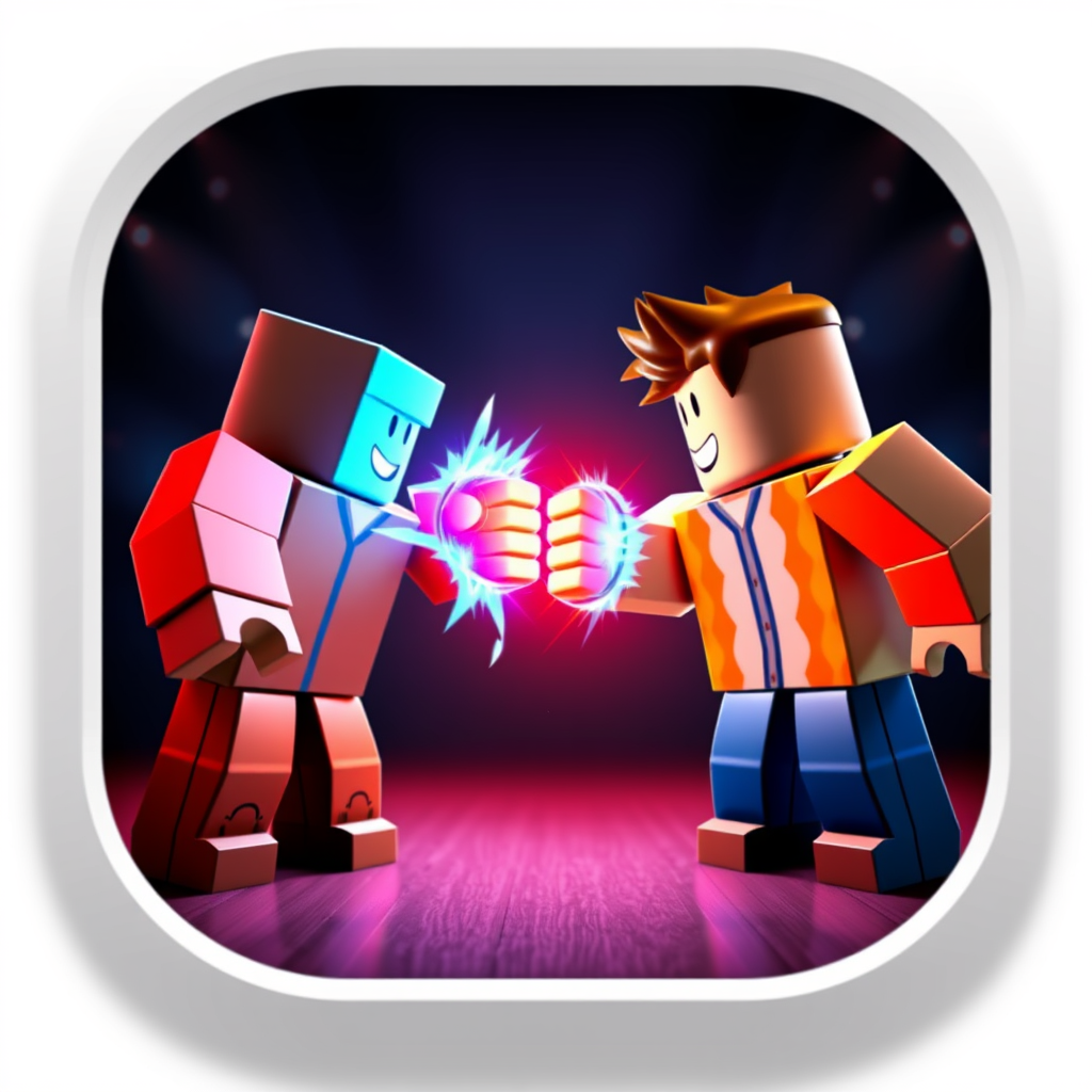 Main art studio: Roblox game icon, two blocky characters facing off, one powerful punch with blue and red energy effects, dramatic lighting, cinematic background, vibr
