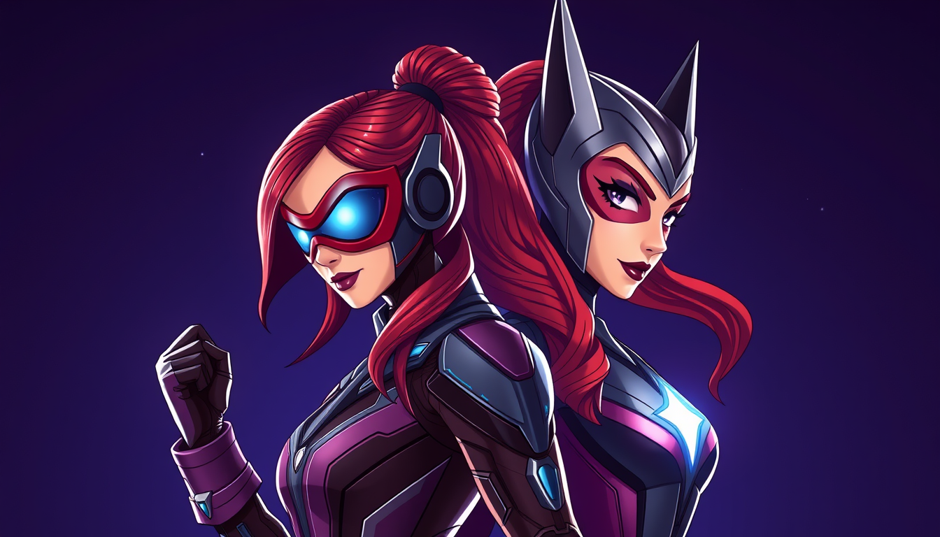 Main art studio: Yatay 4:3 kompozisyon, şeffaf arka plan, PNG, fotogerçekçi. Görselde kesinlikle YALNIZCA İKİ AYRI KARAKTER olsun: solda Pepper Potts, sağda Wanda Maxi