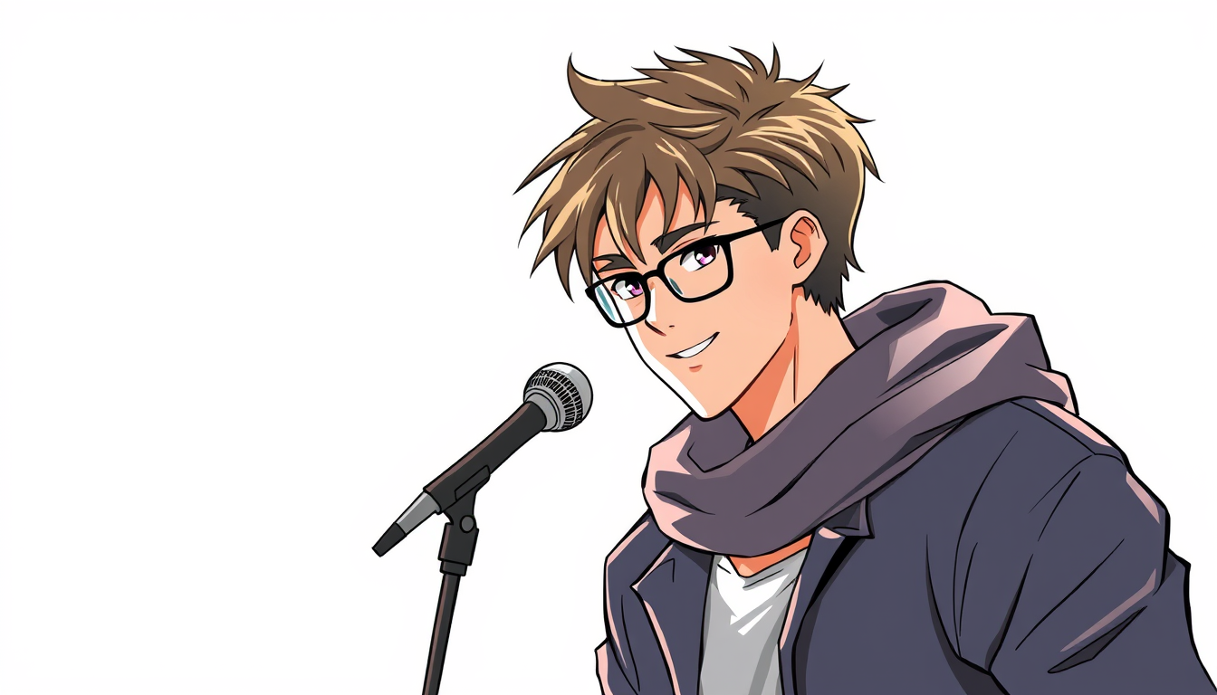 Main art studio: Zeichne einen Anime jungen Mann, der attraktiv, sportlich, tänzerisch, musikalisch, empathisch, sensibel, sympatisch, intelligent ist und lange Harre 