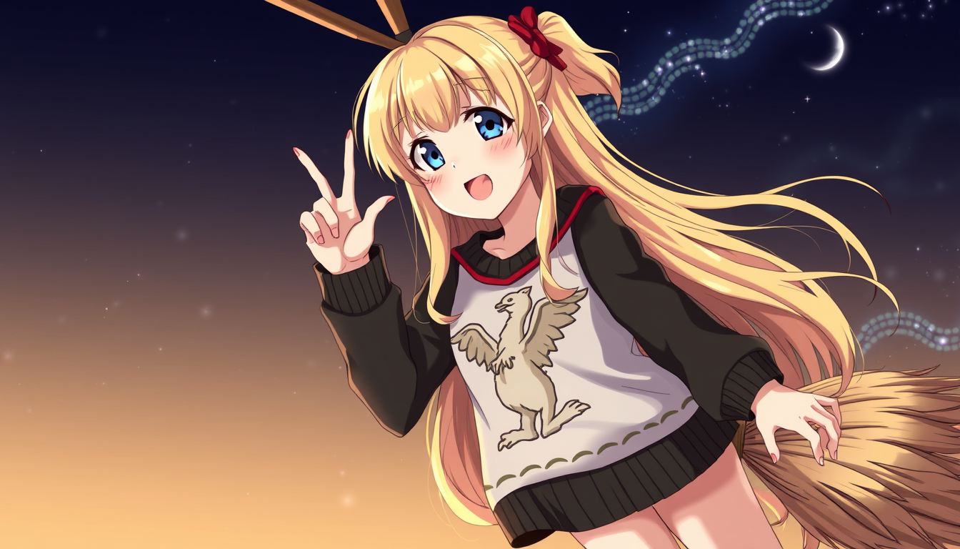 Main art studio: Make a anime girl with long blonde hair and navy blue eyes and she is a little shorter than average and she is upside down on a broom sticking out her