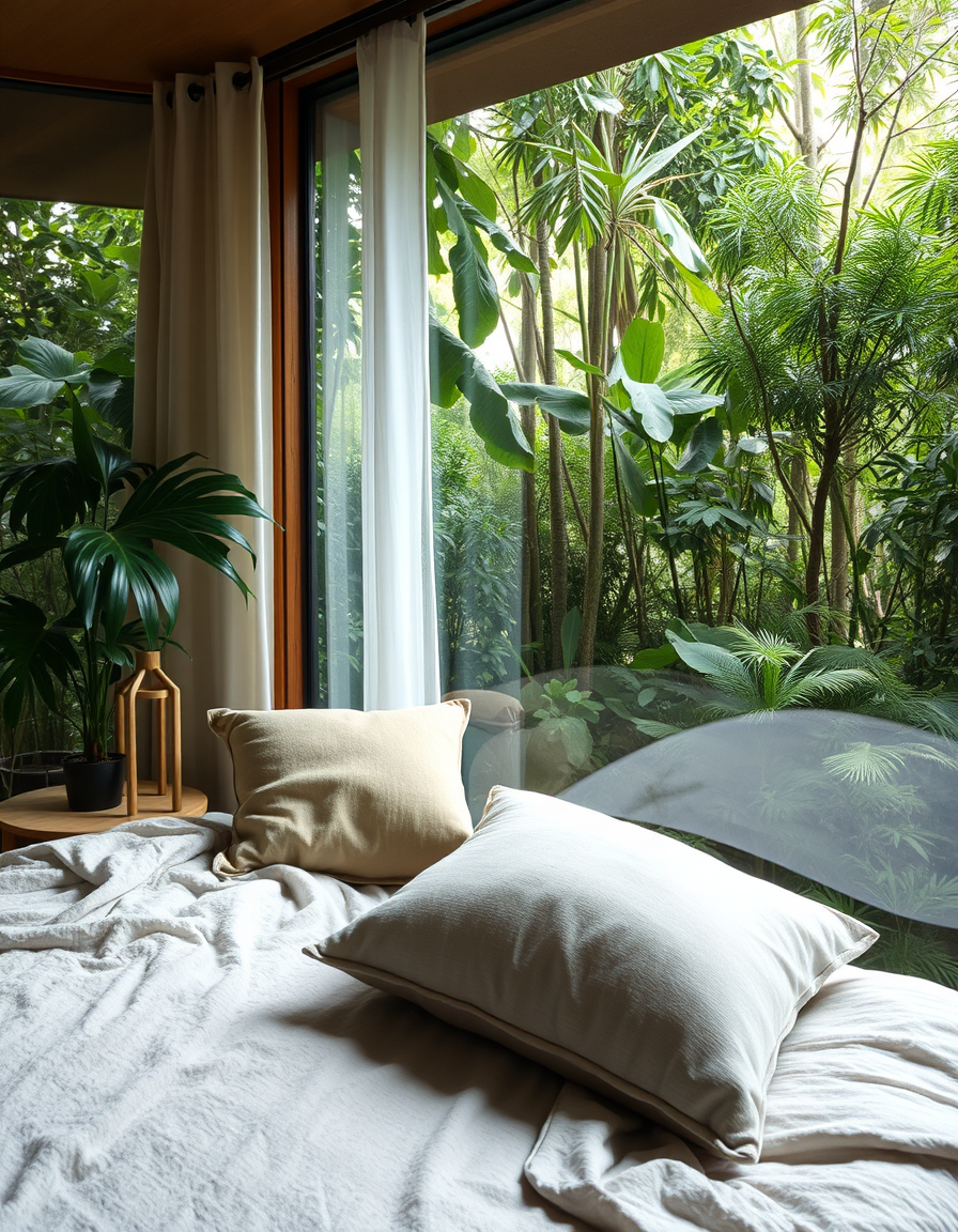Main art studio: Make a picture of a cosy bed with pillows and a transparent glass and outside is the jungle