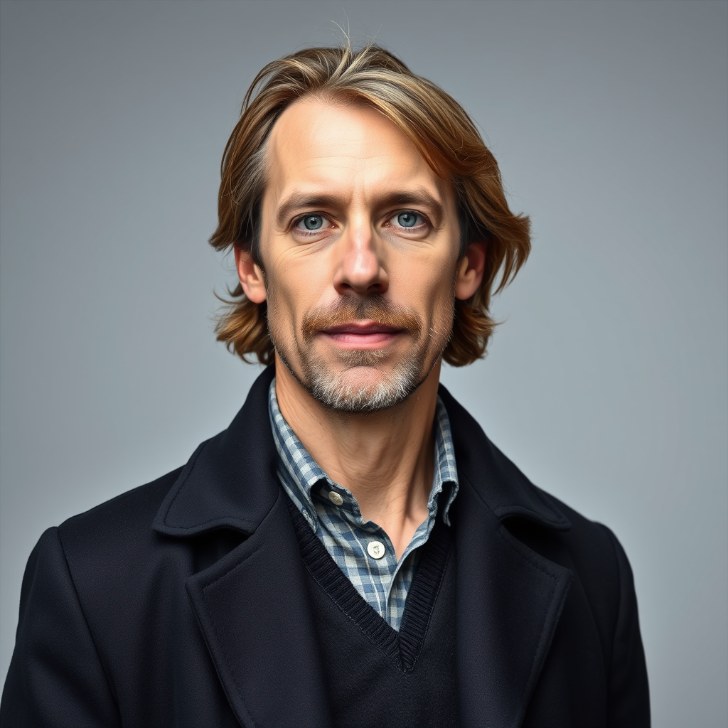 Main art studio: Ganzkörperbild. Ein deutscher Mann ca. 40, mit etwas längeren Haaren, braun, dunkelaschblond, aber auch schon etwas Haarverlust. Er hat blau-grün-grau